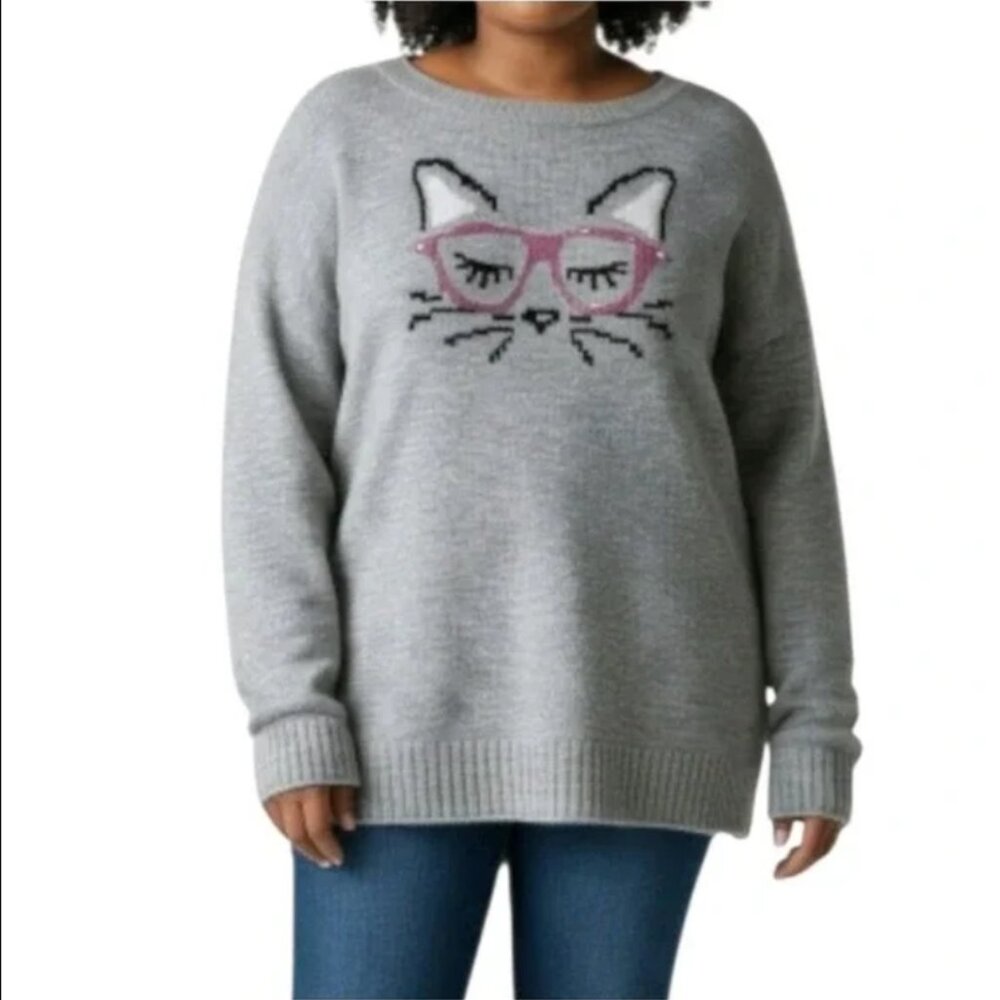 EVRI Gray Cat Graphic Sweater Plus Size 3X